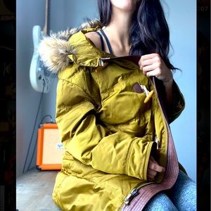 Super cute olive green parka with fur trim